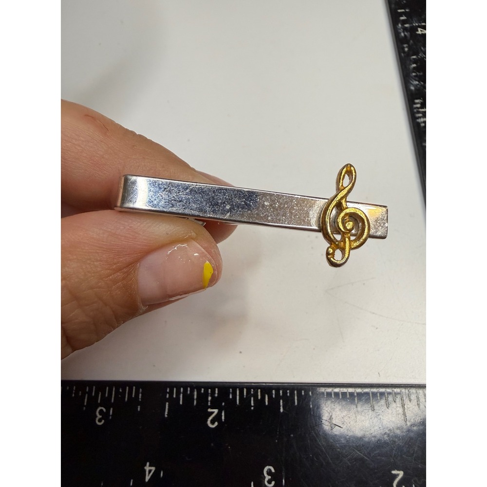 Shields Silver Tone Tie Clip Gold Treble Clef Music Note Mens Accessory